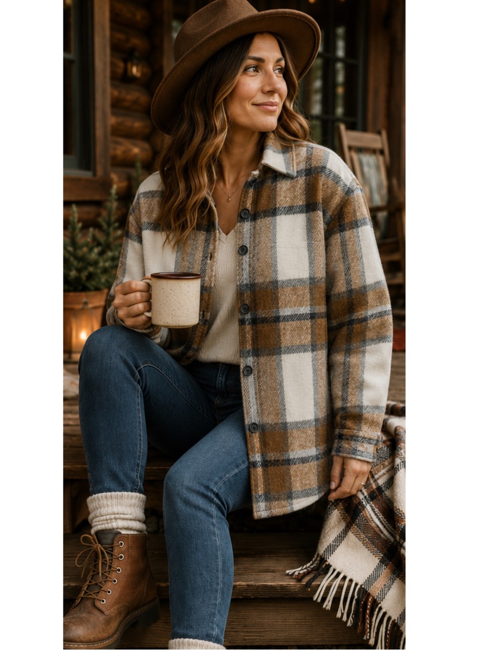 Urban Daizy Heavyweight Flannel Plaid Shacket Jacket Brown Cream Black Size M